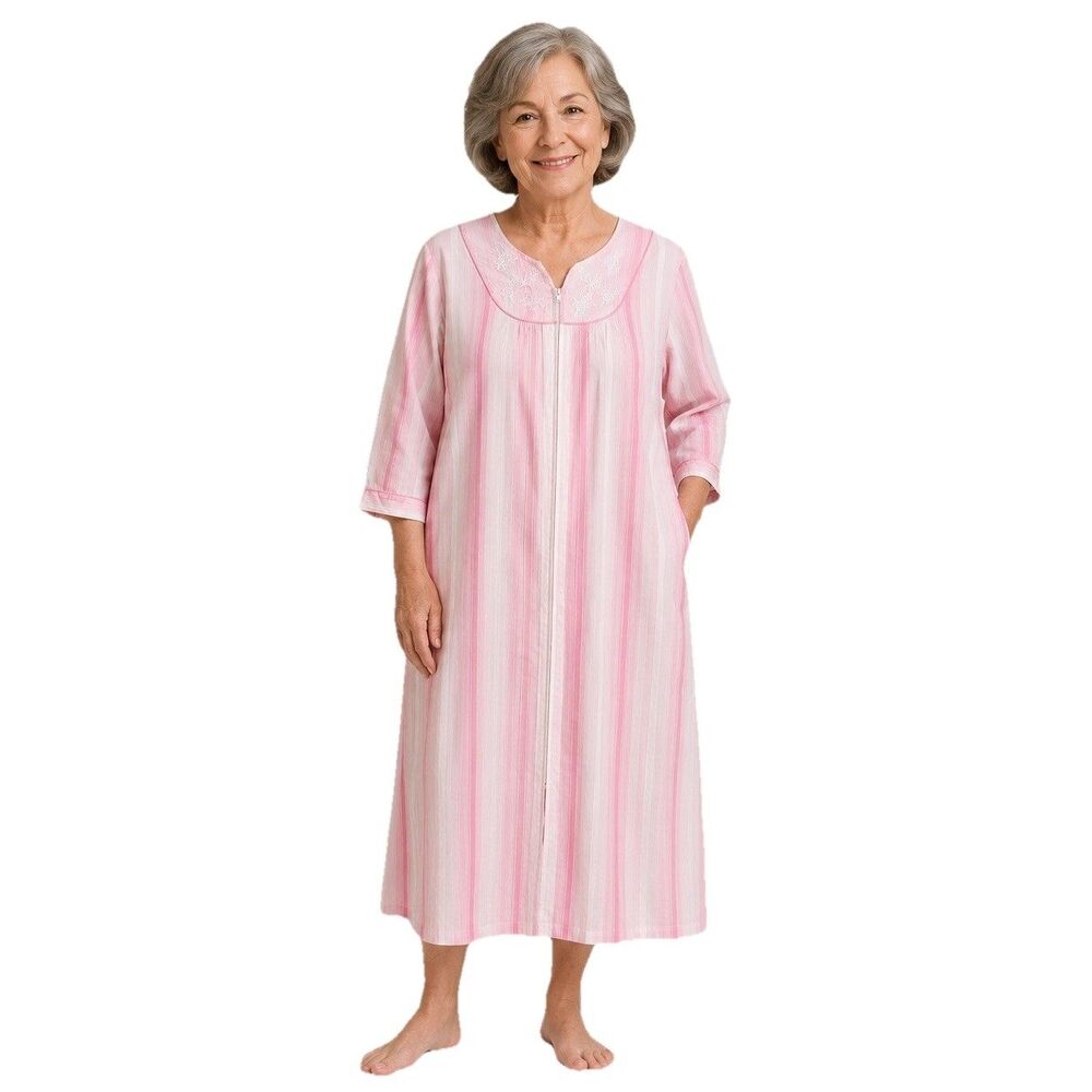 Vintage CW Classics Women's Sz M Pink White Robe Embroidery Granny House Dress